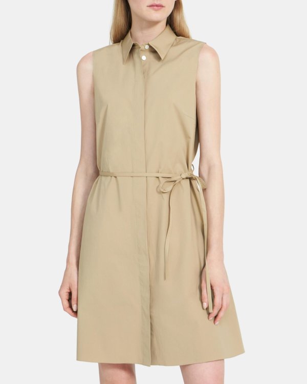 Sleeveless Belted Dress in Stretch Cotton