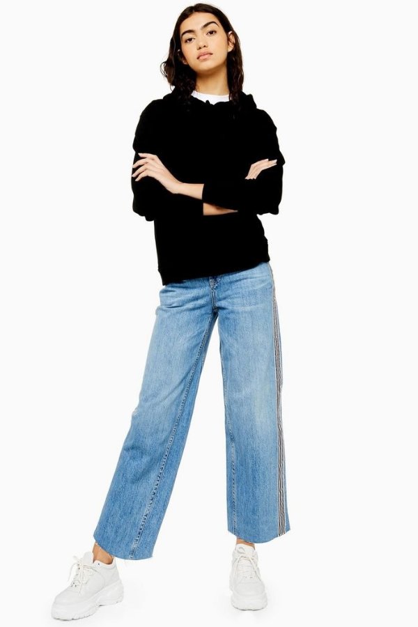 Mid Blue Side Stripe Crop Jeans