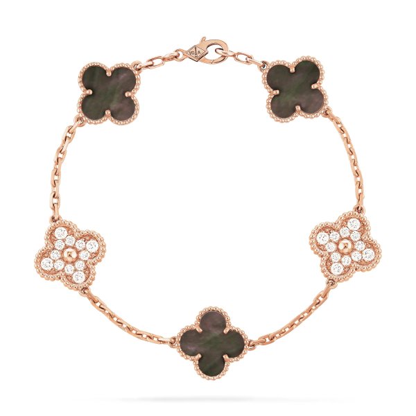 Vintage Alhambra bracelet, 5 motifs 18K rose gold, Diamond, Mother-of-pearl