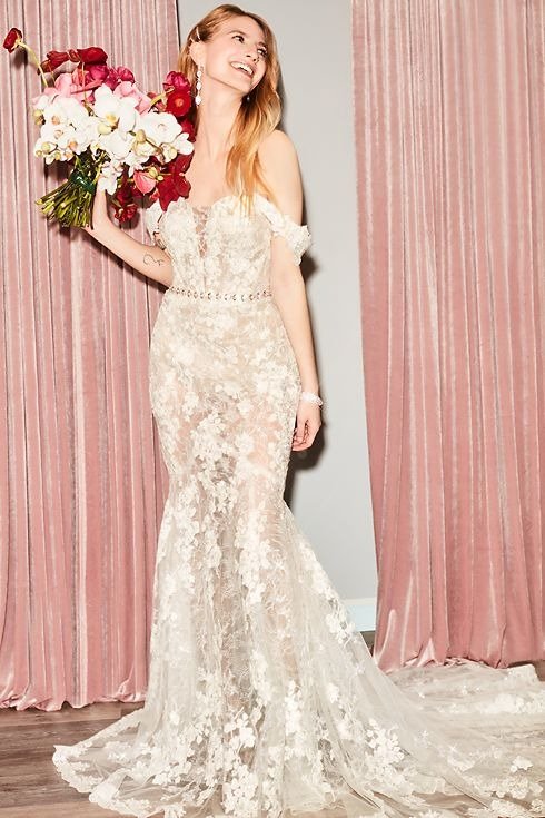 David's Bridal Embellished Illusion Lace Bodysuit Wedding Dress