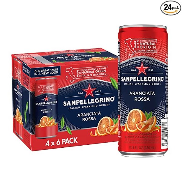 Italian Sparkling Drink Aranciata Rossa, Sparkling Orange and Blood Orange Beverage, 24 Pack of 11.15 Fl Oz Cans