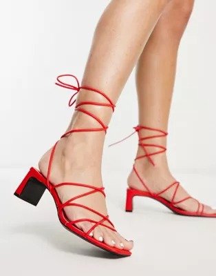 tie-up heeled sandals in red