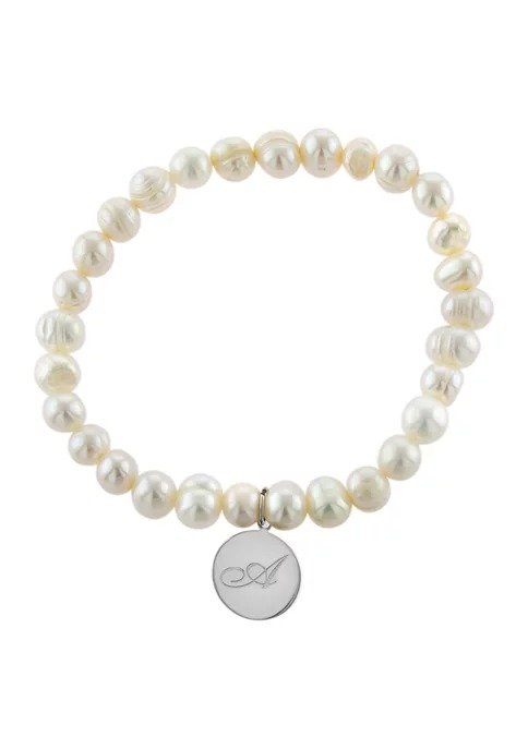 Boxed Sterling Silver 7" Freshwater Pearl Initials Stretch Bracelet