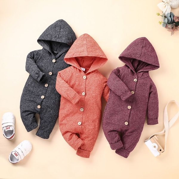 Baby Solid Cardigan Design Hooded Long-sleeve Jumpsuit