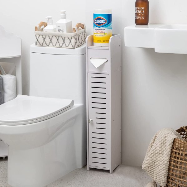Small Bathroom Storage Corner Floor Cabinet with Doors and Shelves,Thin Toilet Vanity Cabinet