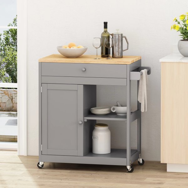 Tift Wood Kitchen Cart with Wheels, Gray and Natural