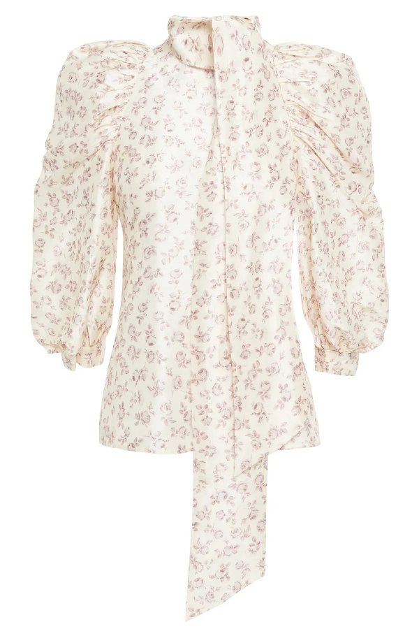 Tie-neck gathered floral-print silk blouse