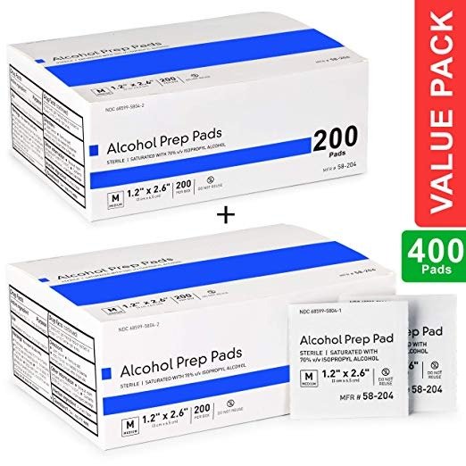 Alcohol Prep Pads, Medium 2-Ply - 400 Alcohol Wipes, Individually Wrapped Swabs, Saturated with 70% v/v Isopropyl Alcohol