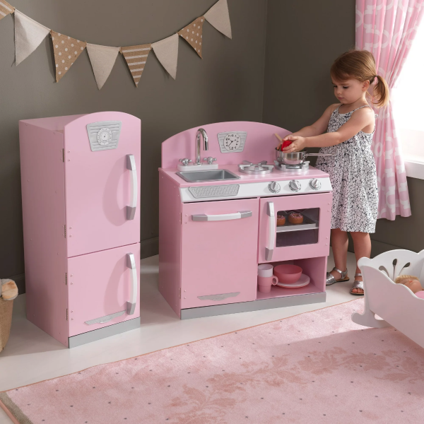 Pink Retro Wooden Play Kitchen and Refrigerator 2-Piece Set