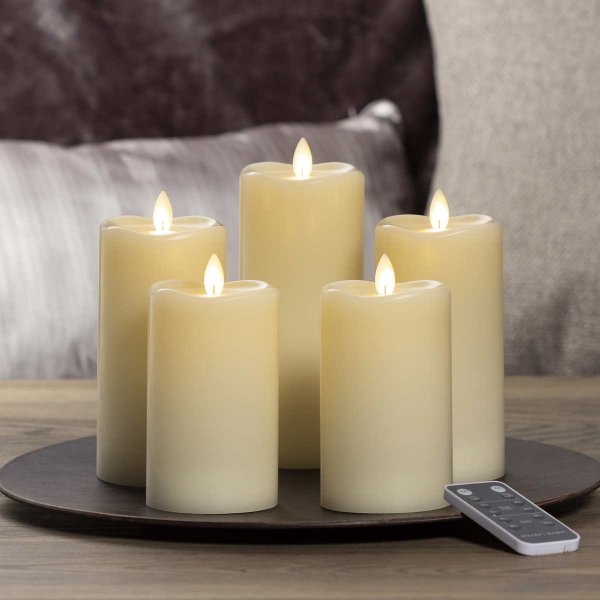 Sterno Moving Flame LED Pillar Candles with Remote Control Set of 5