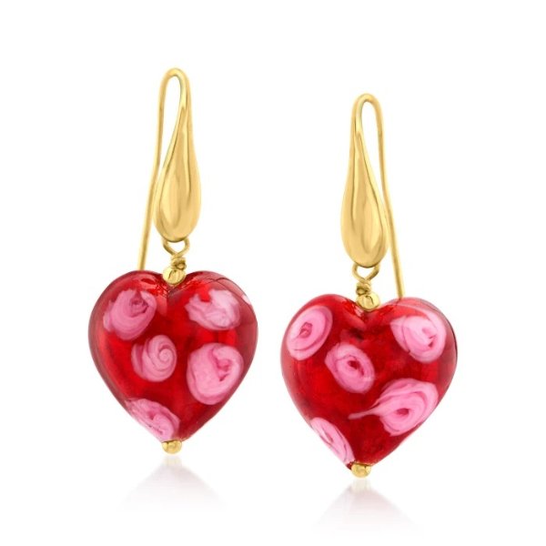 Italian Murano Glass Red Heart Drop Earrings in 18kt Gold Over Sterling | Ross-Simons