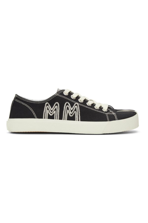 Black Canvas Embroidery Tabi Sneakers