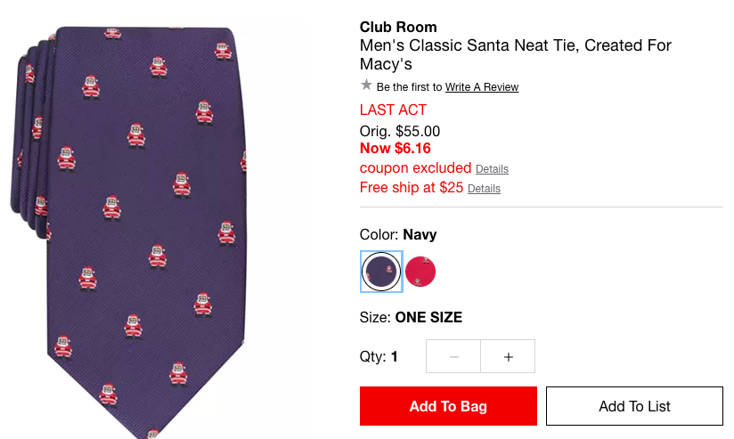 Club Room Men's Classic Santa Neat Tie 男士领带