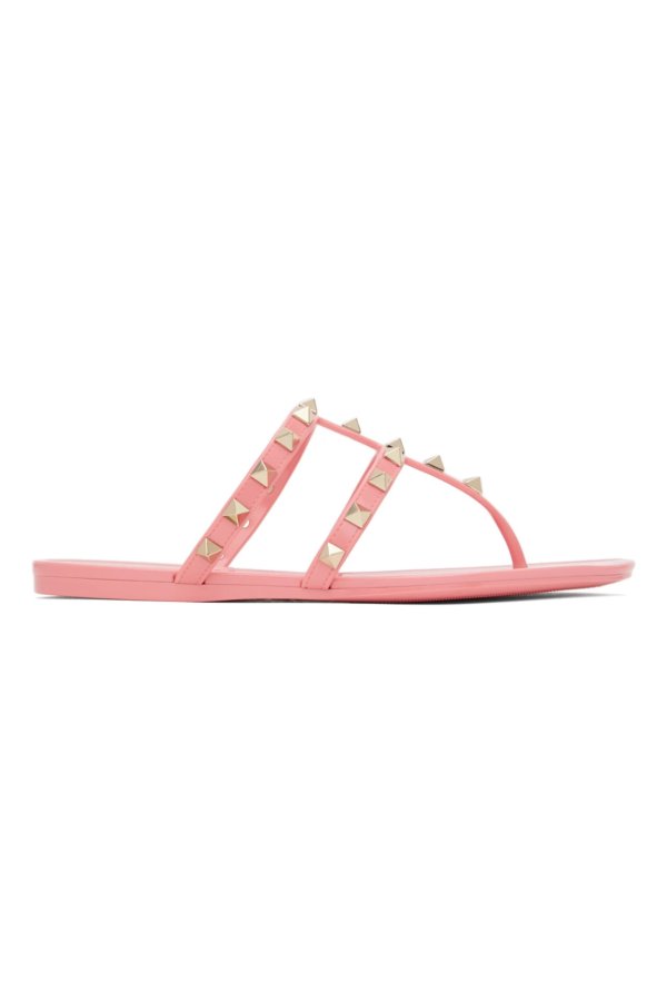 Pink Valentino Garavani Rubber Rockstud Flat Sandals
