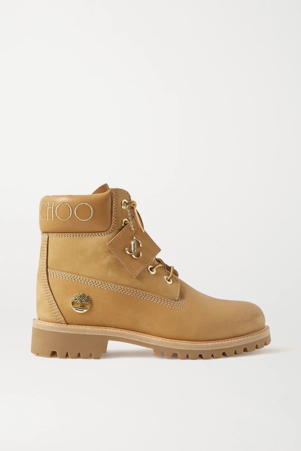 + Timberland embroidered leather-trimmed glittered nubuck ankle boots