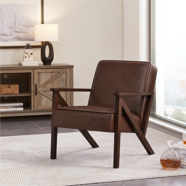 Faux Leather Armchair Chair for Living Room, Dark Brown