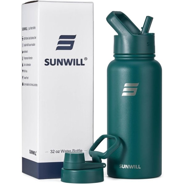 SUNWILL Insulated Water Bottle with Straw 32oz