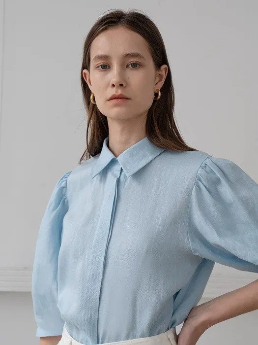 Belted blouse with puff sleeves in sky blue