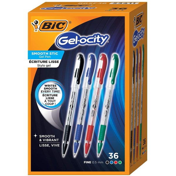 BIC Gel-ocity Smooth Stic Gel Pen, Fine Point (0.5mm), Assorted Colors, 36-Count