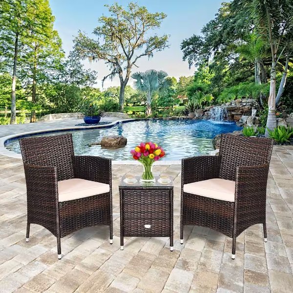 3-Piece PE Rattan Wicker Patio Conversation Set Outdoor Chairs and Coffee Table with Yellowish Cushion