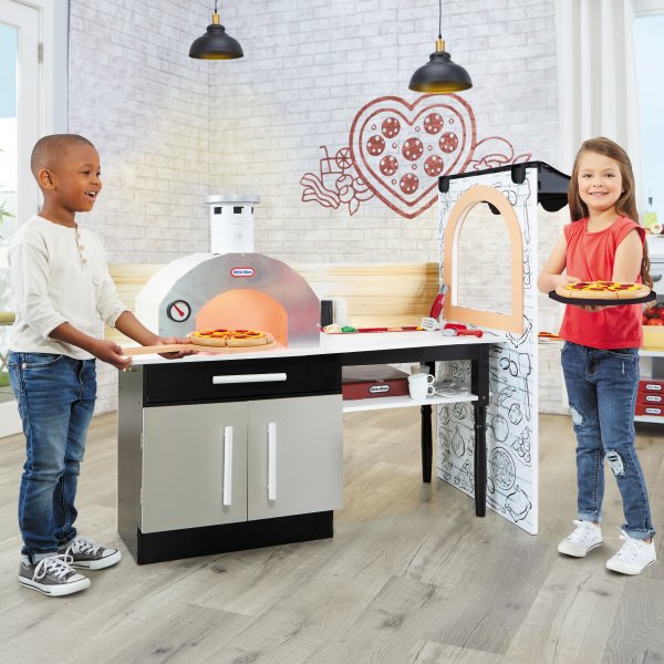 Real Wood Pizza Restaurant 20-Piece Wooden Pretend Play Kitchen Toys Playset, Realistic Lights & Sounds, Dual Sided Play, White and Gray- for Chidren 3+