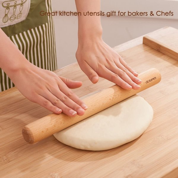 GOBAM Wood Rolling Pin Dough Roller for making Pasta, Cookies, Pie Pizza, 11 x 1.38"