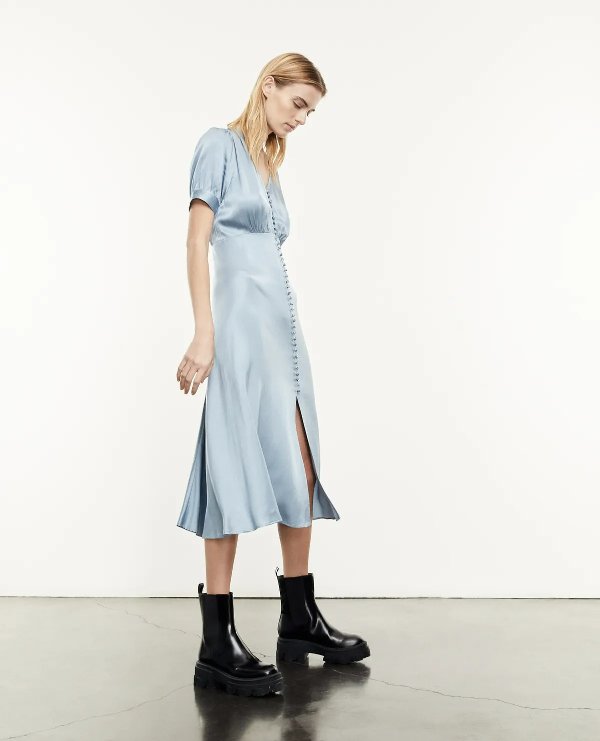 Long sky blue dress with short sleeves