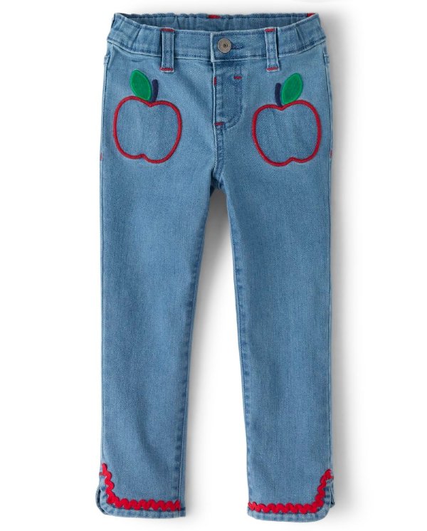 Girls Embroidered Apple Jeans - Candy Apple
