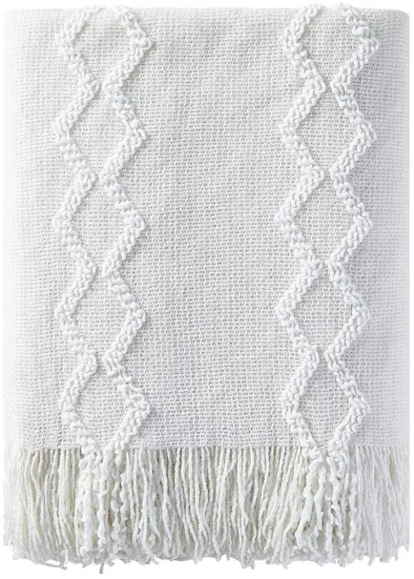 蓬松雪尼尔针织毛边毯子，50英寸x 60英寸，白色