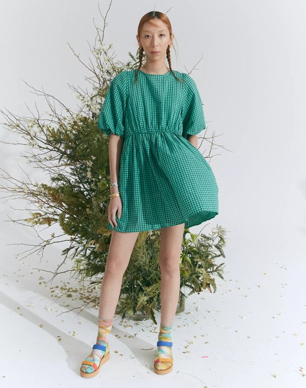 Gingham Crewneck Bubble-Sleeve Mini Dress