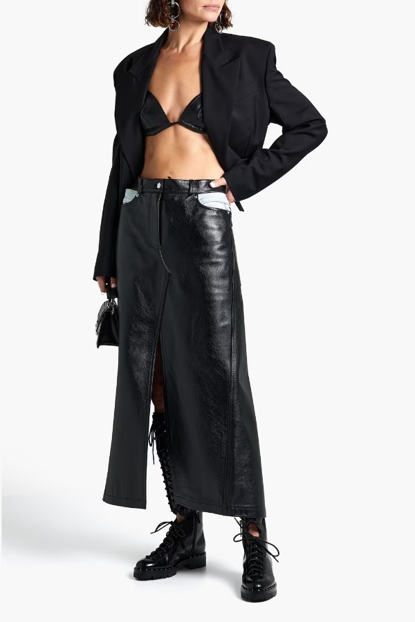 Cutout leather midi skirt