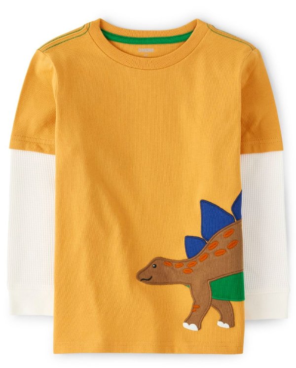 Boys Long Thermal Sleeve Embroidered Stegosaurus 2 In 1 Top - Dino Roar
