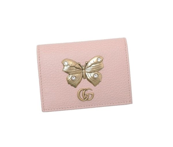 Ladies Leather Card Case Wallet With Butterfly in Pink