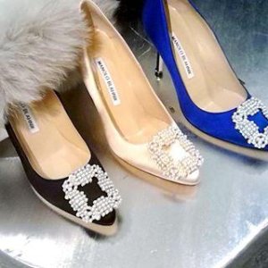 with Manolo Blahnik Hangisi Pearly-Buckle Satin 105mm Pump @ Neiman Marcus