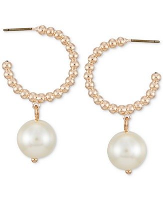 Rose Gold-Tone Imitation Pearl Charm Bead-Design Hoop Earrings