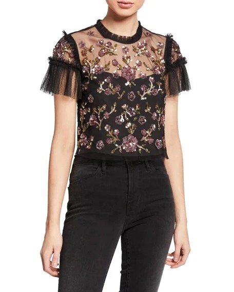 Carnation Sequined Tulle Cropped Blouse