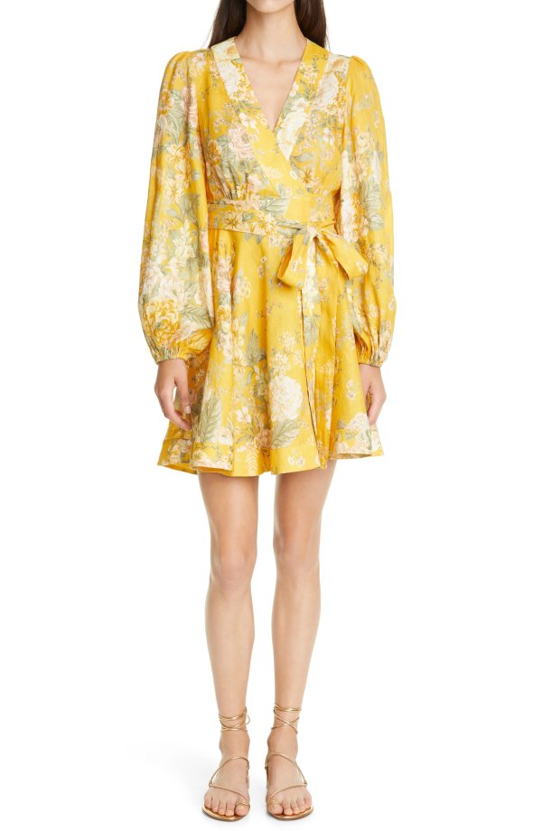 Amelie Long Sleeve Floral Linen Wrap Dress