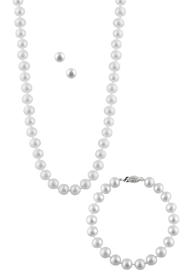 7-8毫米淡水珍珠项链、手链和耳环 3 件套