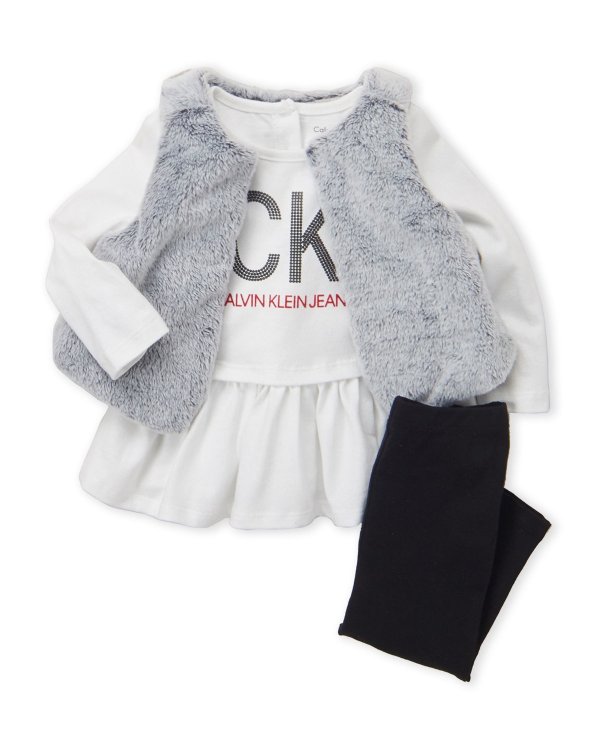 (Infant Girls) 3-Piece Faux Fur Vest & Pants Set