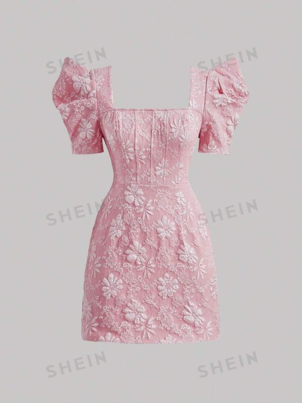 MOD Floral Jacquard Square Neck Puff Sleeve Pink Date Night Dress