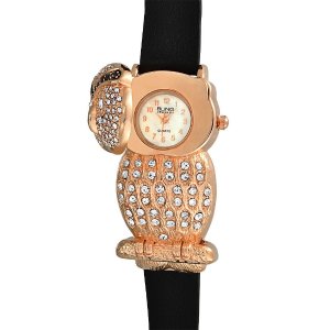 Women's Black Leather Rose Gold Plated Owl Watch