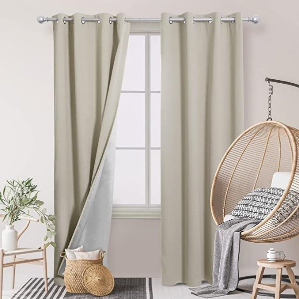 Living Room Curtains 2 Panel Sets - 84 Inches Soundproof Curtains, Window Panles for Bedroom with Back Silver Coating (52W x 84L, Light Beige, 2 Panels)