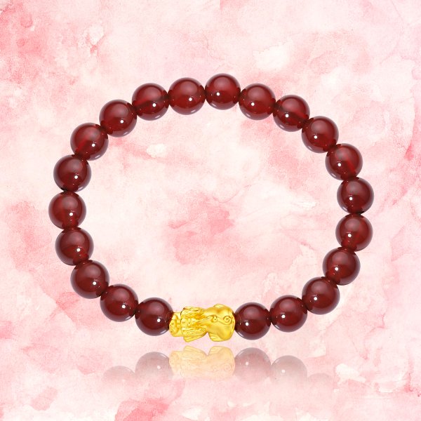 CHOW TAI FOOK 999 Pure 24K Gold Pixiu and Agate Marbles Bracelet (Red)