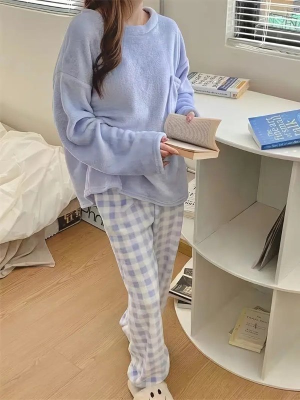 Temu Soft Warm Pajamas Set Comfortable Long Sleeve Pajama Top Plush Plaid  Pajama Pants Women's Loungewear Sleepwear - Clothing, Shoes & Jewelry - Temu  26.99