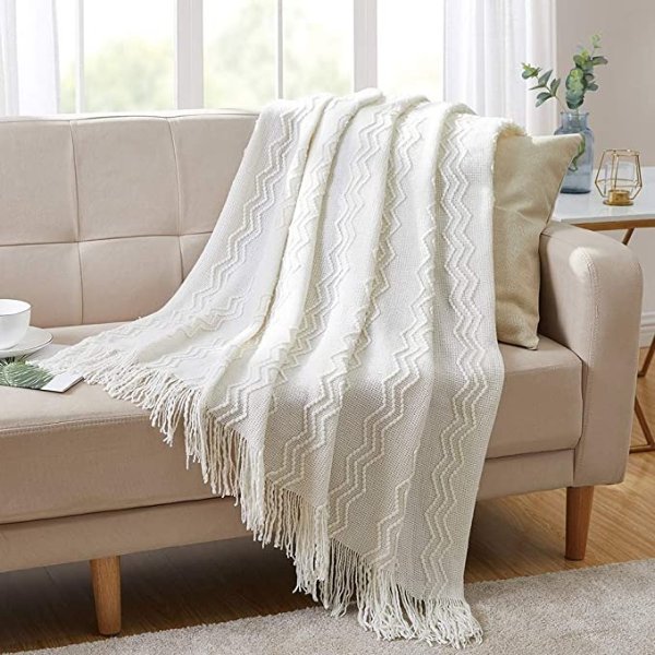 Textured Solid Soft Sofa Throw Couch Cover Knitted Decorative Blanket, 60" x 80",White