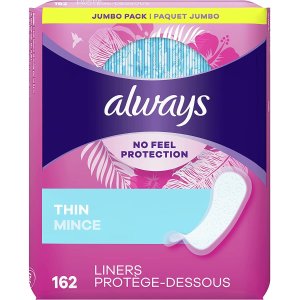 Always Thin Dailies Liners, Unscented, Wrapped, 162 Count