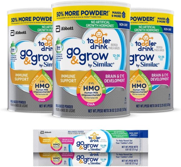 Similac Go＆Grow 婴幼儿奶粉，3罐，带有2'-FL HMO支持和25种主要营养成分，帮助平衡幼儿的营养，非GMO牛奶基粉末，每罐36盎司，1.02千克+ 2个On-The-Go 小袋