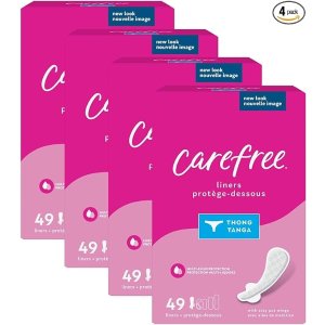 CarefreeThong Panty Liners, Unwrapped, Unscented, 196ct (4 Packs of 49ct)