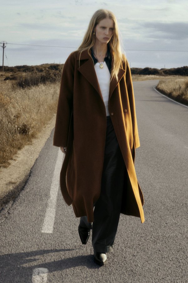 BELTED DOUBLE-FACED WOOL COAT - BROWN - Coats and Jackets - COS