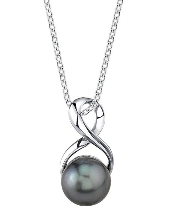 9-10mm Genuine Black Tahitian South Sea Cultured Pearl Infinity Pendant Necklace for Women